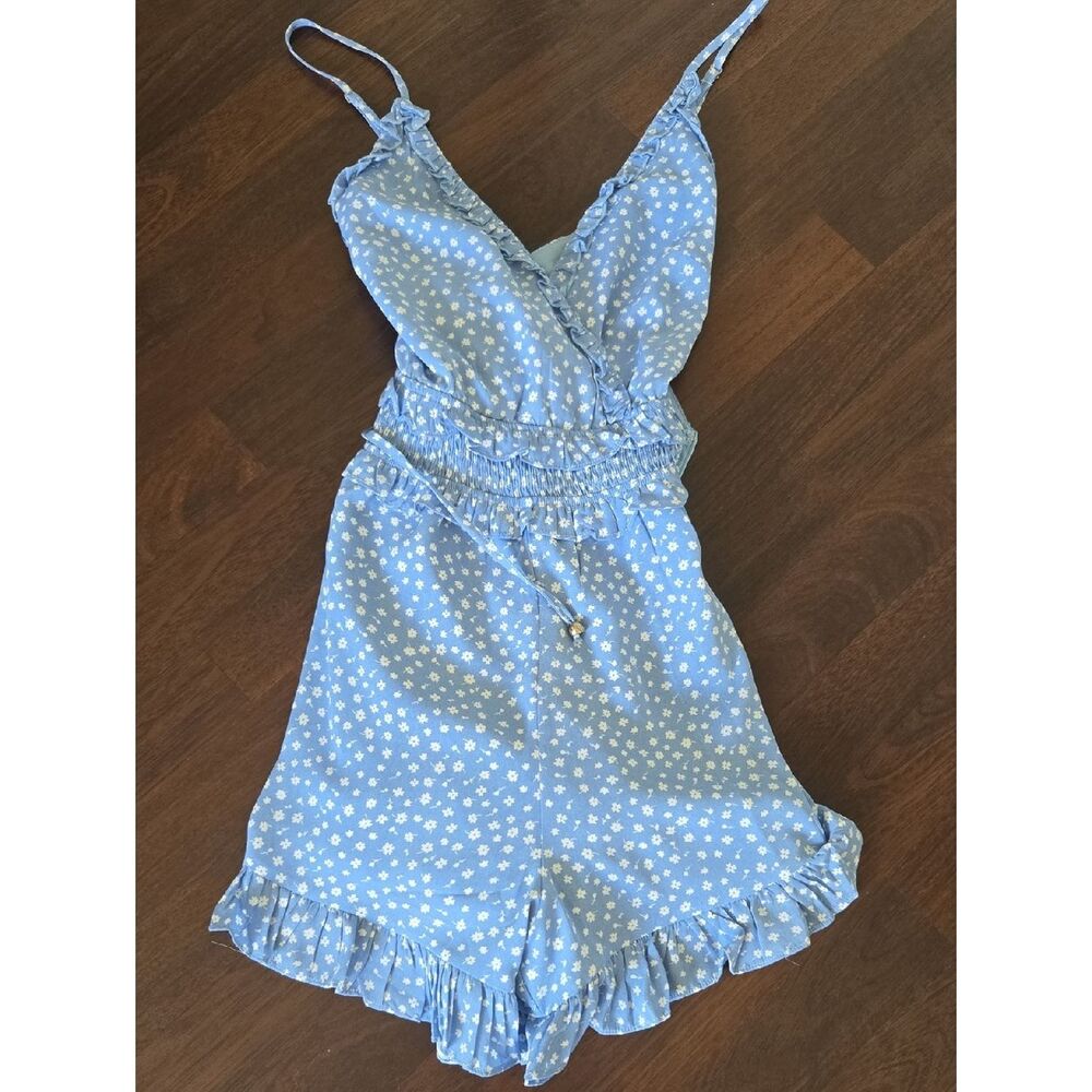 Luxxel Light Blue Smocked Floral Dress